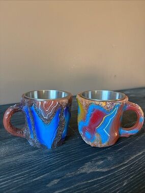 Handcrafted Blue & Yellow Agate-Style Home Art Mugs Stainless Steel 6oz Set of 2